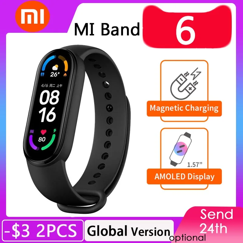 

Смарт-браслет Xiaomi Mi Band 6, фитнес-трекер с AMOLED экраном, оксиметром в крови, Bluetooth, водонепроницаемый смарт-браслет