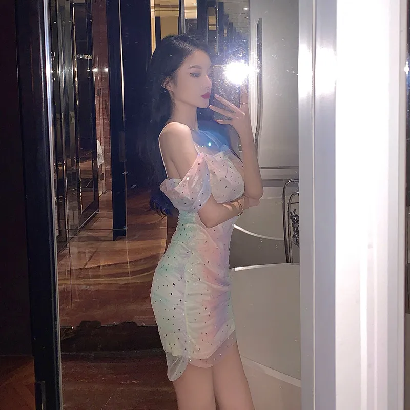 

New Mesh Spaghetti Strap Summer Dresses Off Shoulder Sequins Bodycon Dress Mini Evening Party Women Clothing Fashion Sexy Club