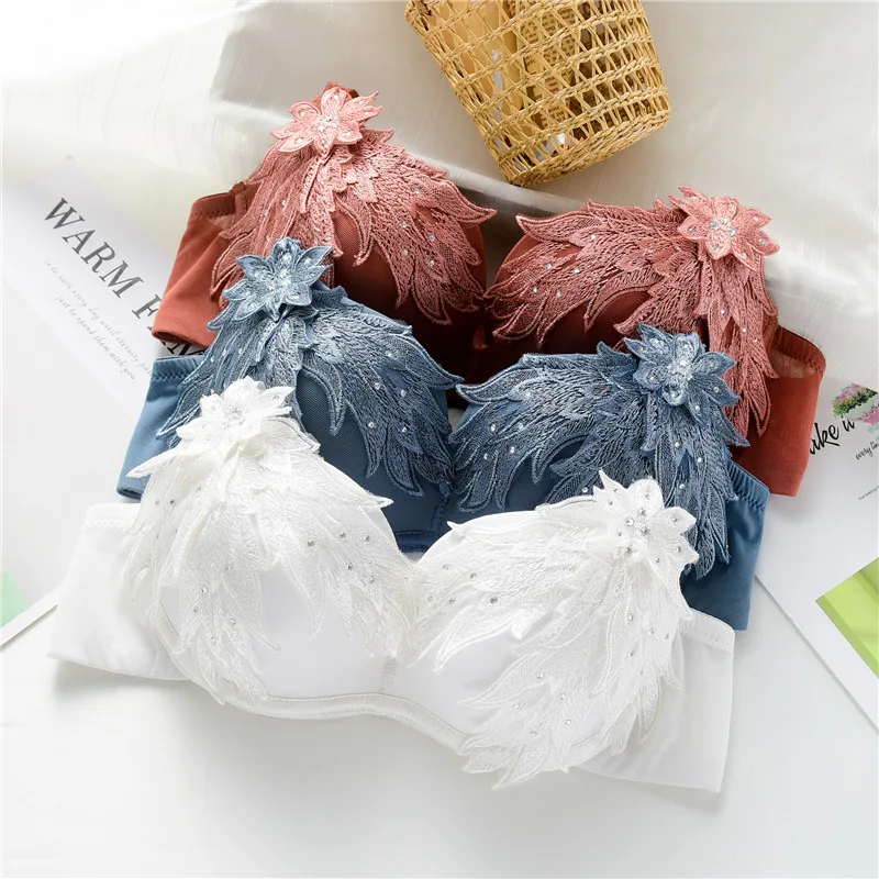 Комплект женского кружевного нижнего белья с вышивкой без стального кольца |