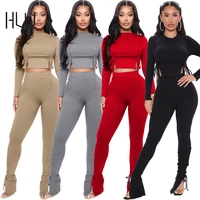 autumn 2021 womens clothing set woman 2 pieces solid color long sleeve bandage tops skinny pants sets tracksuit sportswear