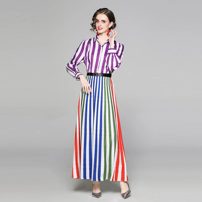 

2021 New Summer Fashion Designer Runway Long Dress Women Beach Dress Long Sleeve Colorful Strip Print Elegant Party Robe Femme