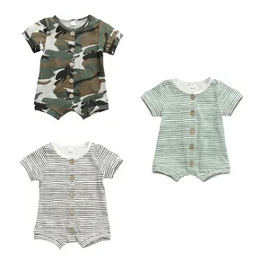 Комбинезоны для новорожденных девочек и мальчиков от 0 до 18 месяцев, 3 стиля, однобортные комбинезоны в полоску с камуфляжным принтом и короткими рукавами