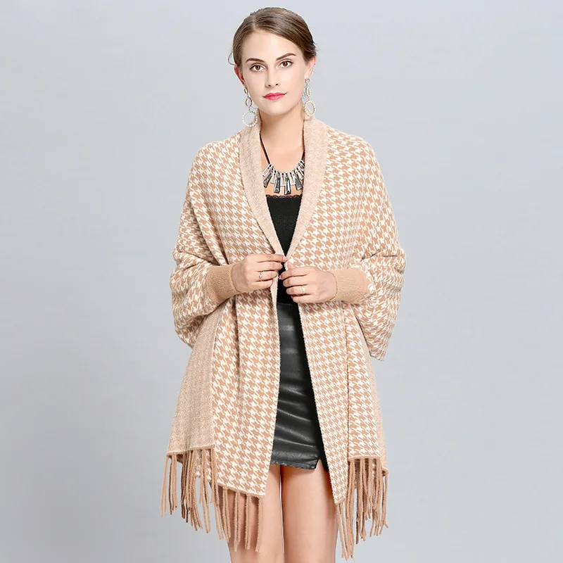 Высокое качество имитация кашемира женский плед пончо с кисточкой элегантный