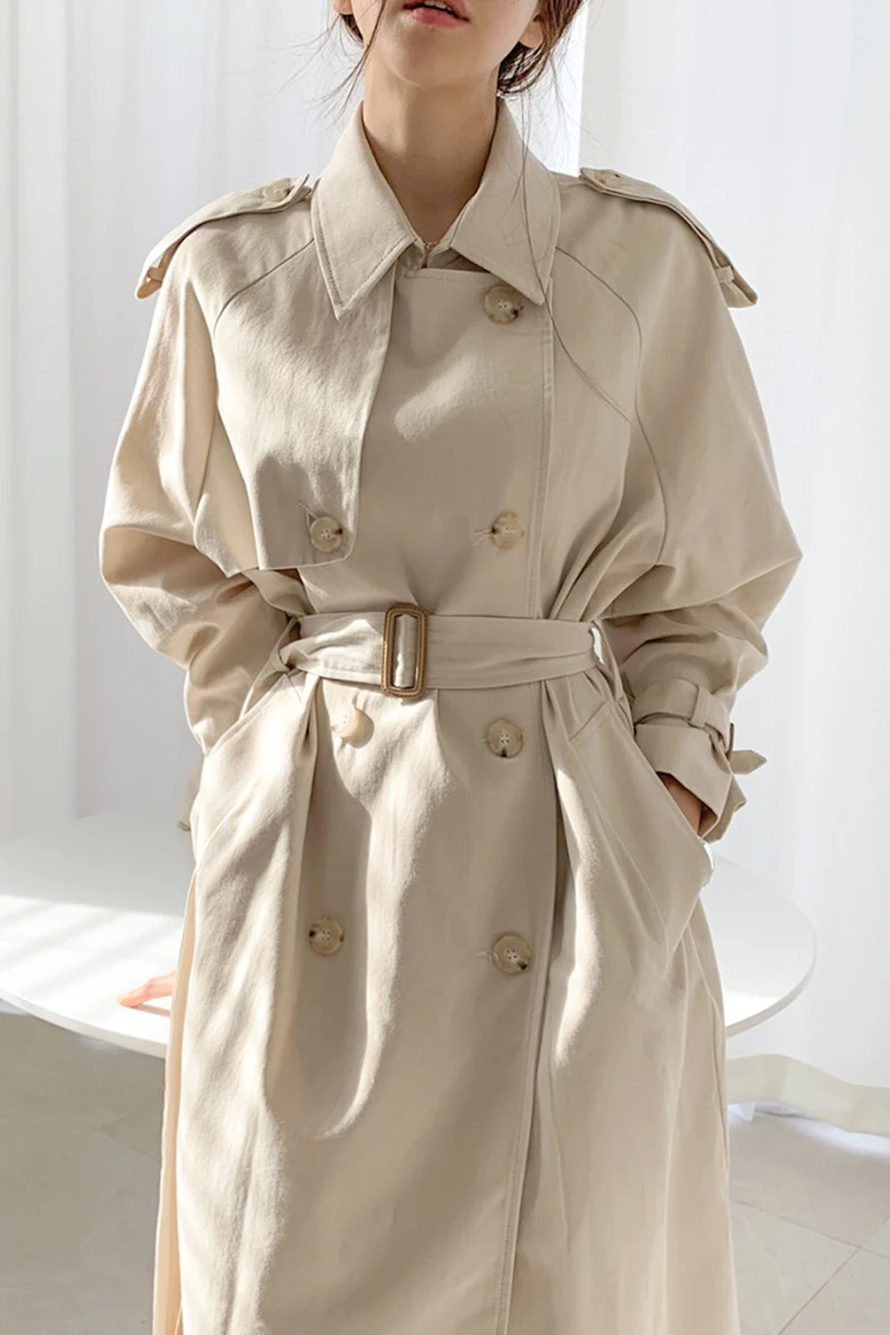 

New style ladies coat double-breasted belt over the knee mid-length windbreaker temperament lapel coat