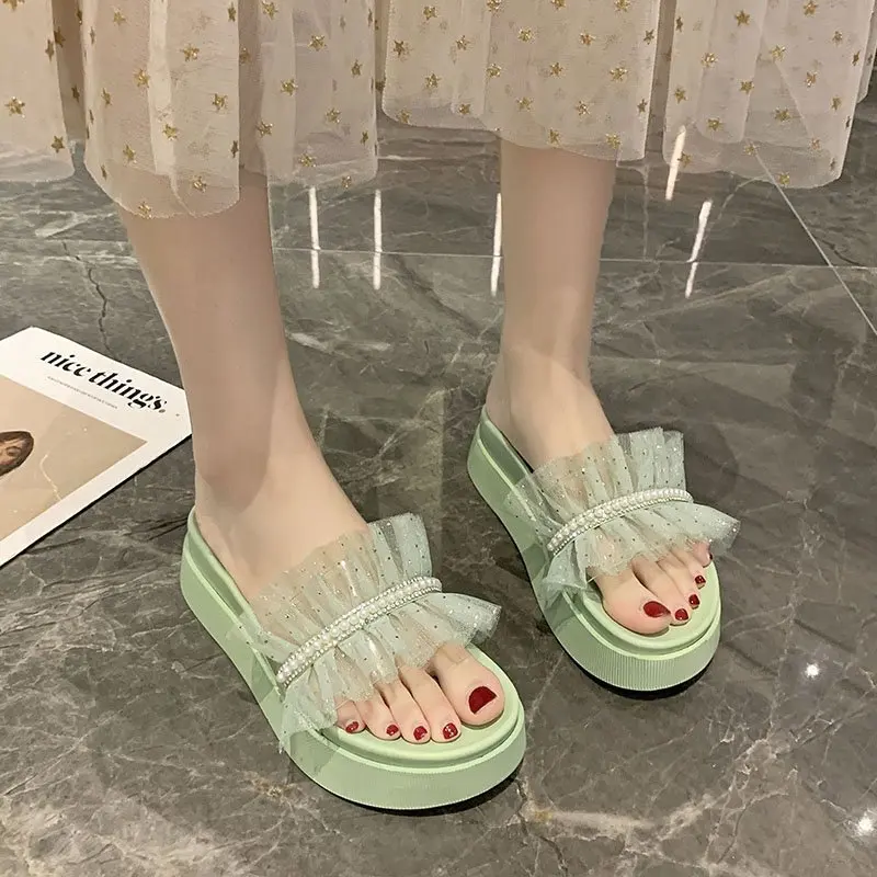 

Pearl Platform Slippers Women Transparent PVC Slippers Women Open Toe Slippers Summer Sweet Thick Sole Indoor Slides 2021
