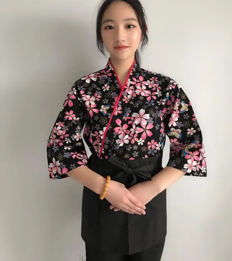 

Женская униформа шеф-повара в японском стиле на заказ, кимоно для кухни, суши, с цветочным принтом, униформа для повара, одежда для официанто...