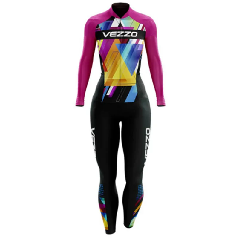 

2021 VEZZO Women's Long Triathlon Clothing Cycling Skinsuit Sets Maillot Ropa Ciclismo Go Pro Team Pink Pad Jumpsuit Kits Mujer