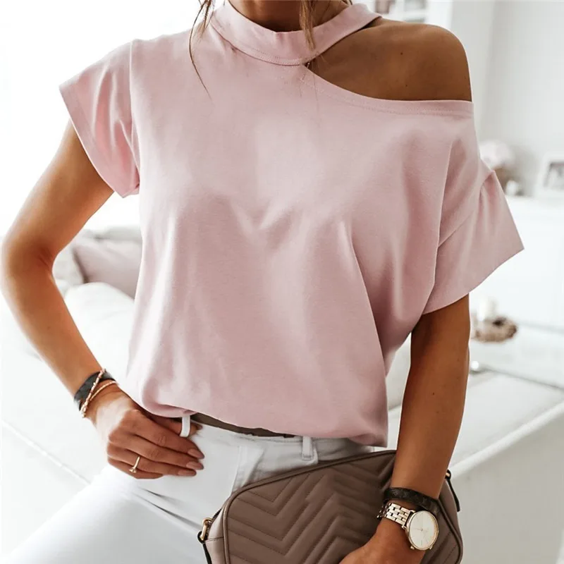 

Women Shirt Tops Cotton Blend Solid Pocket Decoration Short Sleeve Casual Fashion Summer White Purple Khaki Gray Bluas Lady