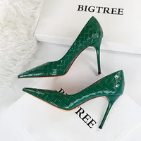 brand luxury womens green high heels shoes sexy party braided pumps ladies fashion leather shoes wave plus size office career