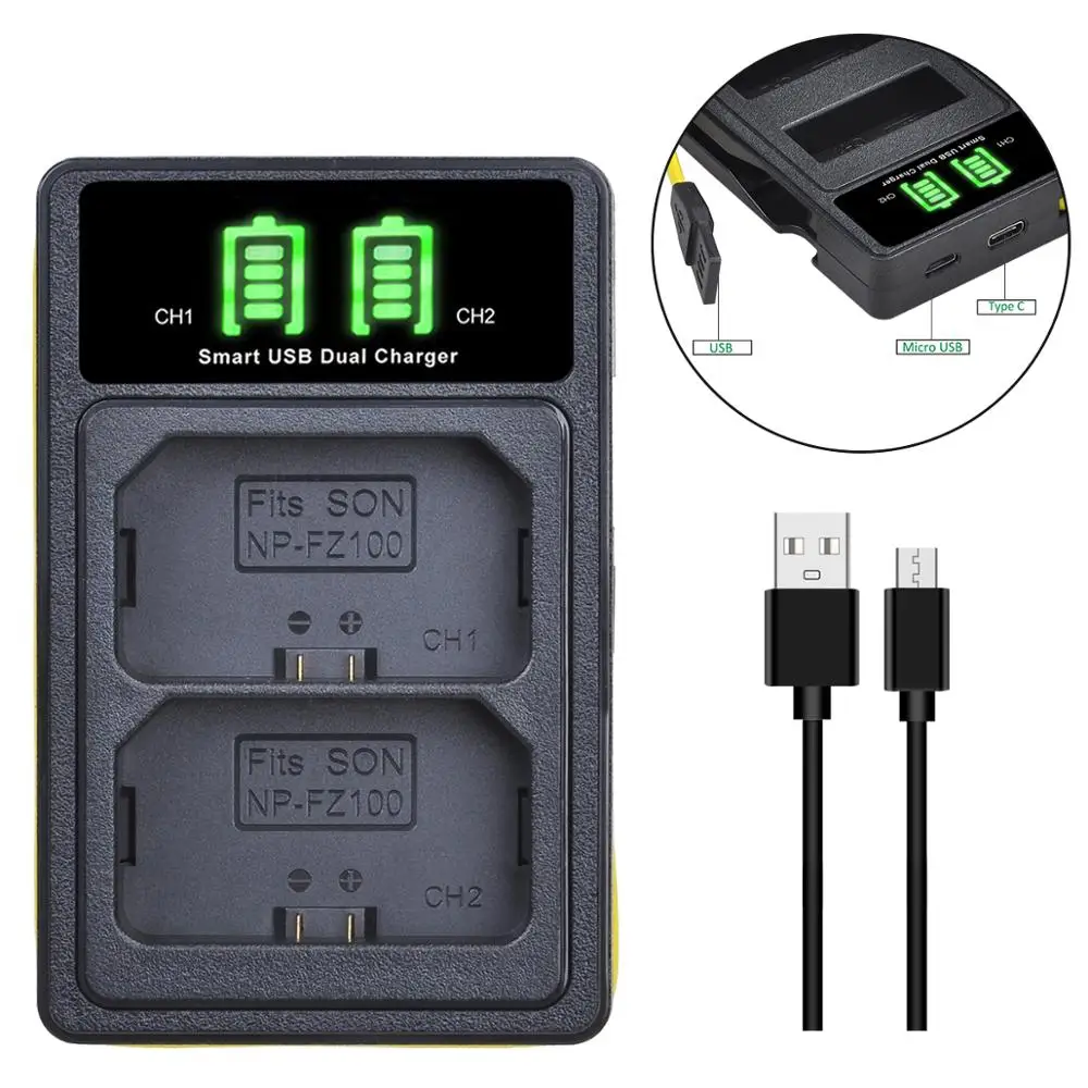

2Pcs 2280mAh NP-FZ100 NPFZ100 NP FZ100 Batteries + LED Dual USB Charger with Type C for Sony A9 A7RIII A7R3 ILCE-7RM3 A7RM3