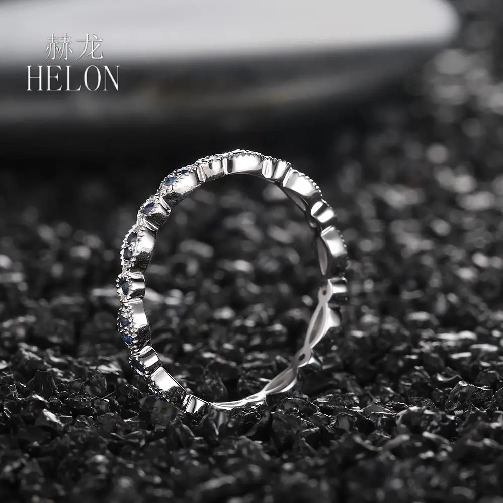 

HELON Sapphires Ring Solid 14K White Gold Pave 100% Natural Sapphires Engagement Wedding Ring For Women Antique Vintage Jewelry