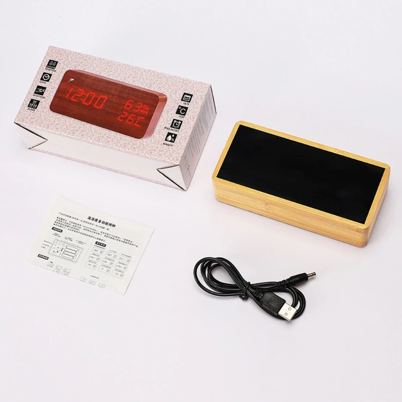 

Voice Control LED Wooden Desktop Alarm Clock Temperature Humidity Electronic