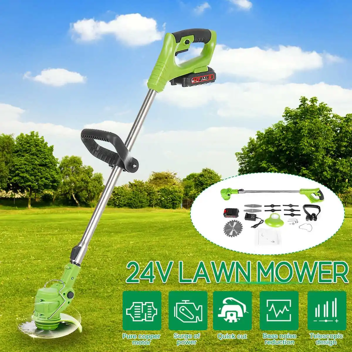 2000W 24V Cordless Electric Grass Trimmer Lawn Mower Weeds Brush Length Adjustable Cutter Garden Tools with 1 Li-Ion Battery