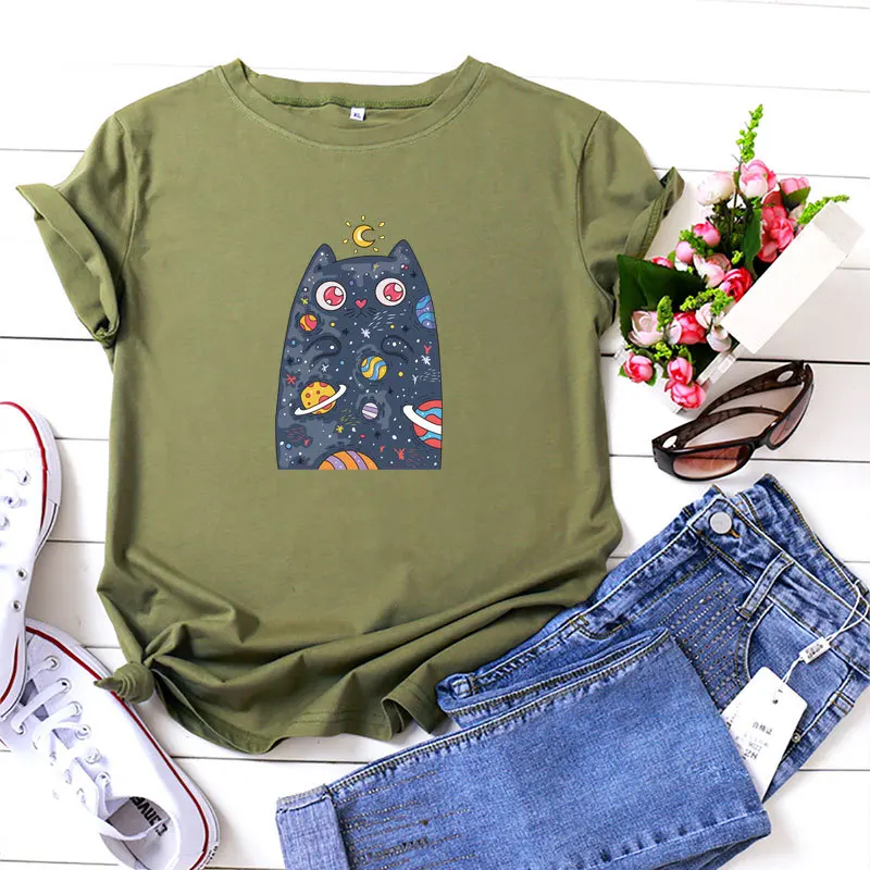 

Cartoon Planet Cat Print Women T-shirt Plus Size S-5XL Graphic Cotton Basic Tops Harajuku Short Sleeve Tee Shirt Female Tshirt