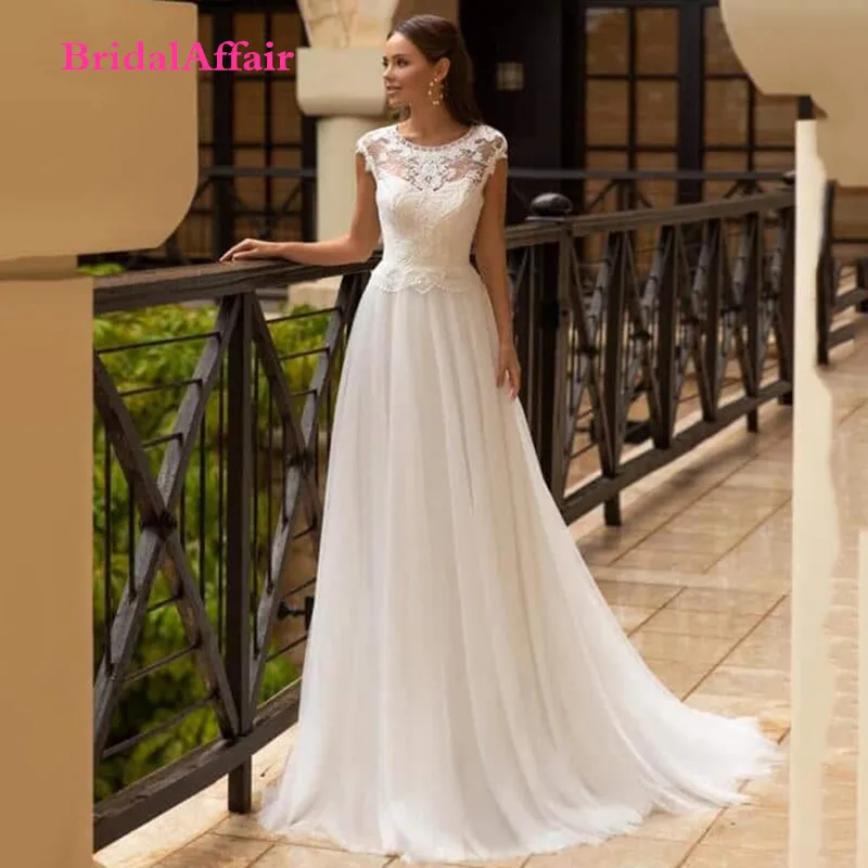 

BridalAffair Bohemian Lace Wedding Dresses Cap Sleeve Tulle A Line Bridal Gowns Floor Length vestido de noiva 2021 Plus Size