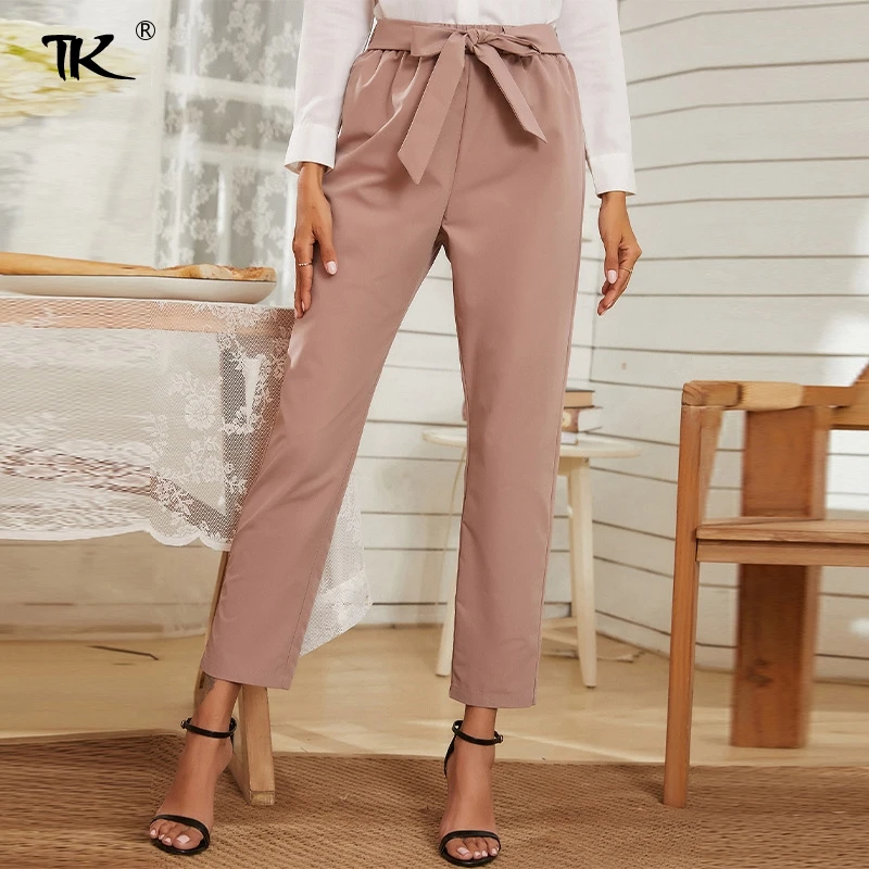 

Mid-waist straight Pink Pants For Women Bow Thin Women's Pants 2021 Summer Fashion Office Ladies Casual Trousers For Female