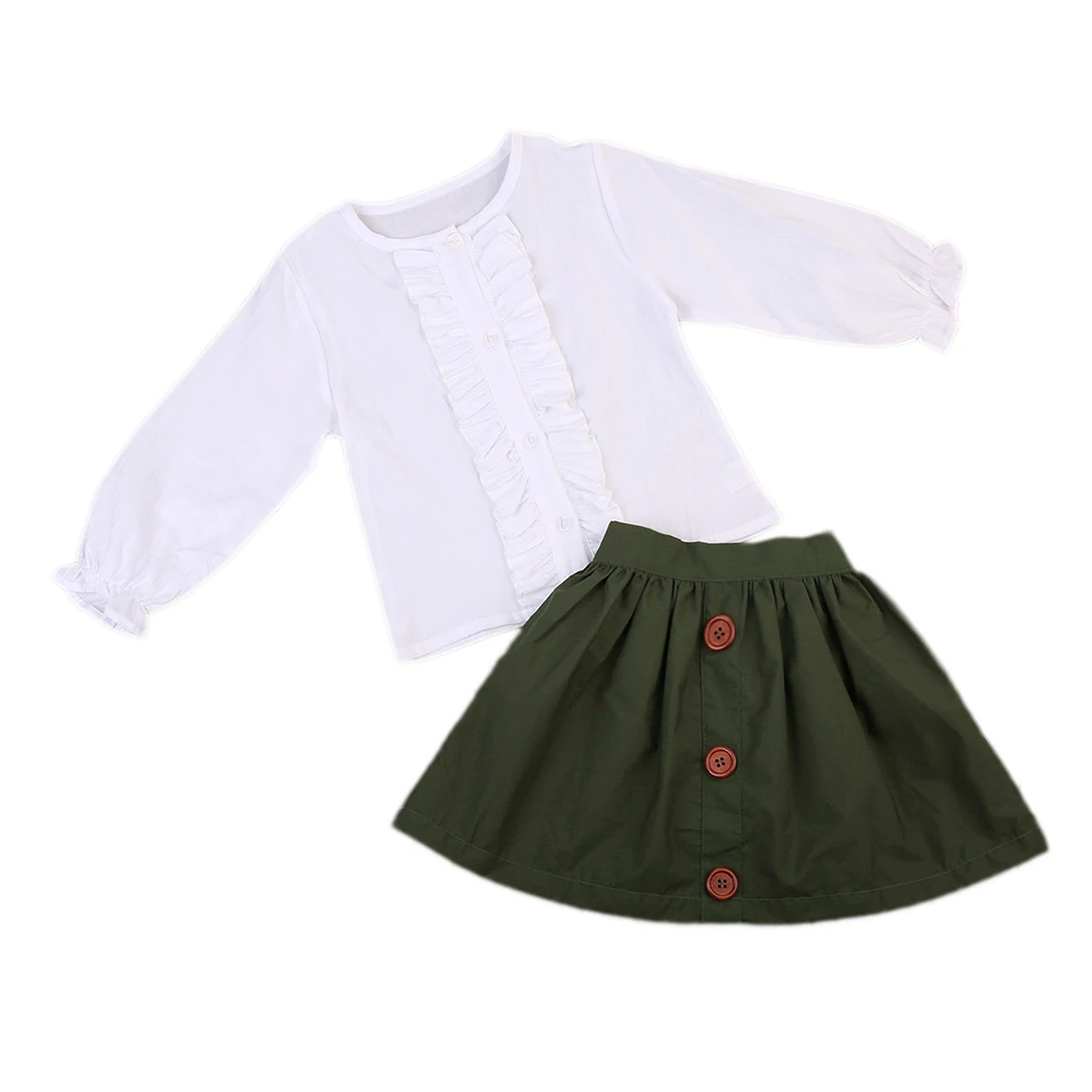 Sweet Infant Baby Girls 2017 New Tops Long Sleeve Ruffle White T-shirt Army Green Button Skirt 2pcs Outfits Clothes Set | Детская одежда