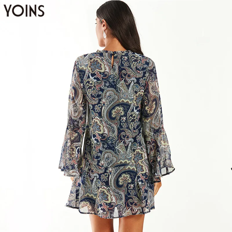 Женское платье с цветочным принтом YOINS винтажное мини длинными рукавами и