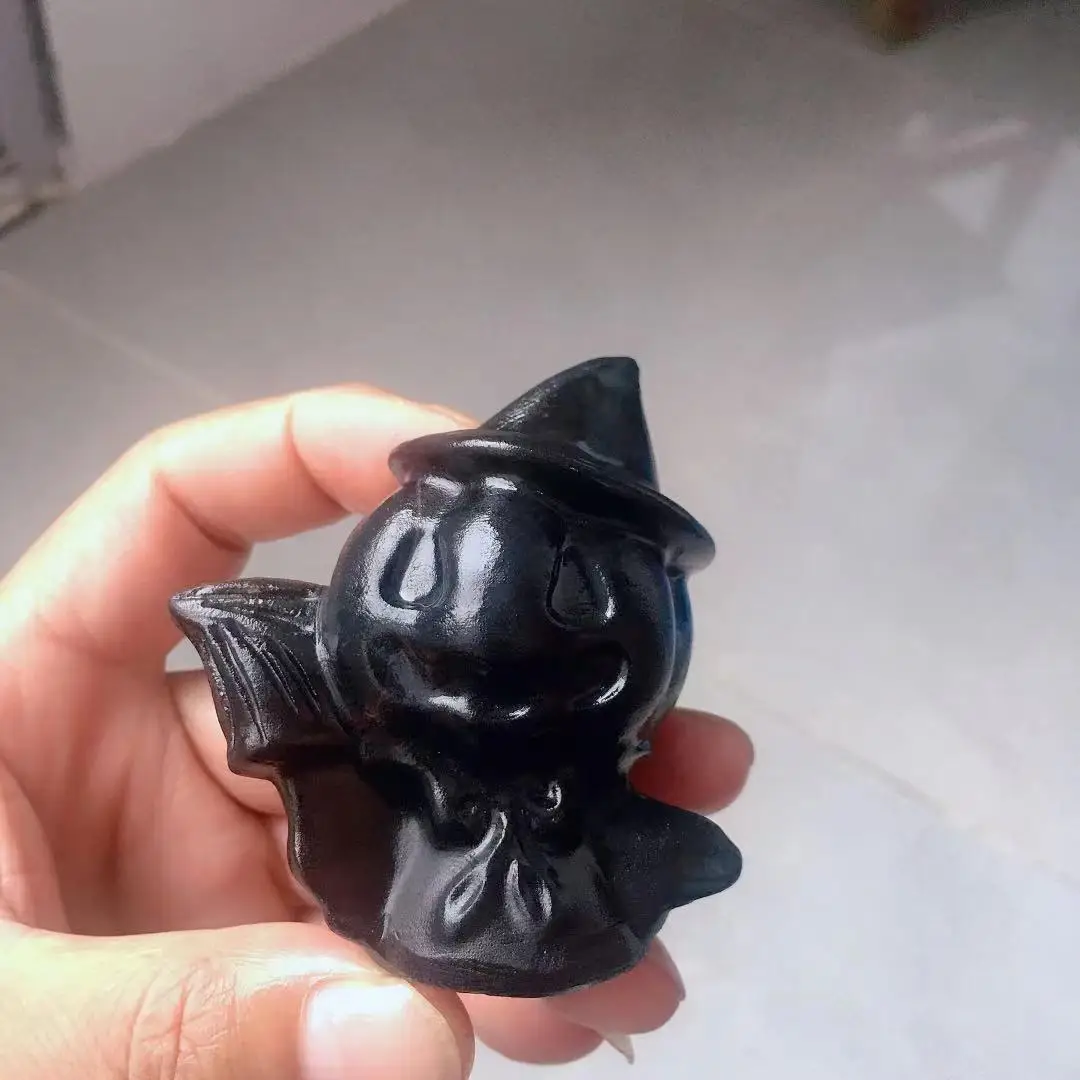 

130g+ 1PC Natural Obsidian Pumpkin Carved Quartz Hat Crystal Skull