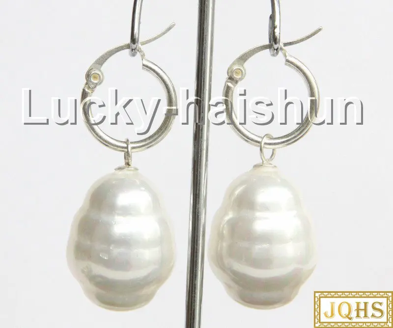 

Dangle 17X21mm drip white south sea shell pearls Earrings 925 silver hook j11013