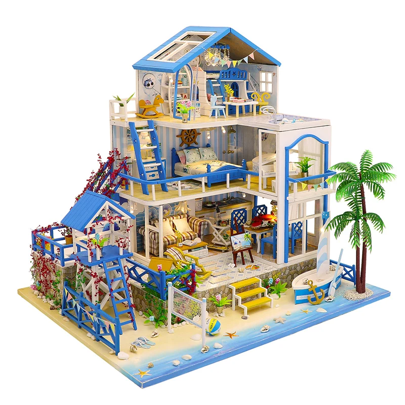 

DIY Wooden Doll House Miniature Building Kits Blue Romantic Aegean Sea Villa Dollhouse With Furniture Toys for Girls Gifts