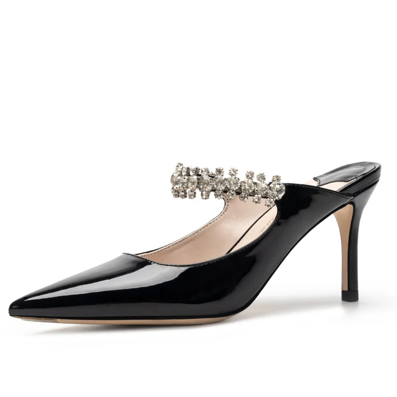 

Shiny water drill baghead ladies sandals 2021 summer new lacquer leather fashion heels pointed heels heeled single shoes