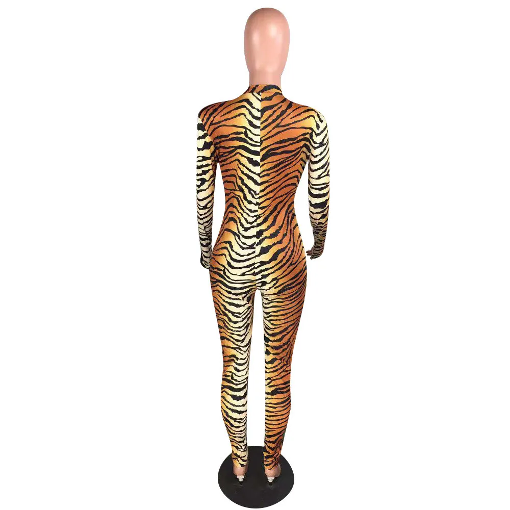 

Leopard Tiger Print Sexy Jumpsuit Women Mock Neck Long Sleeve Bodycon Bodysuit Front Zipper Night Out Club Party Romper Overalls