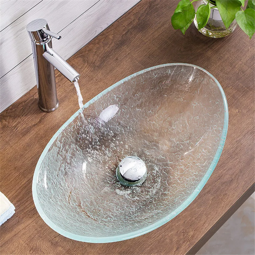 

Oval Washbasin Unique Tempered Glass Basin Sink Faucet Set Ingot Shape Bright Bend Clear Modern Design W/ Chrome Tap & Drain
