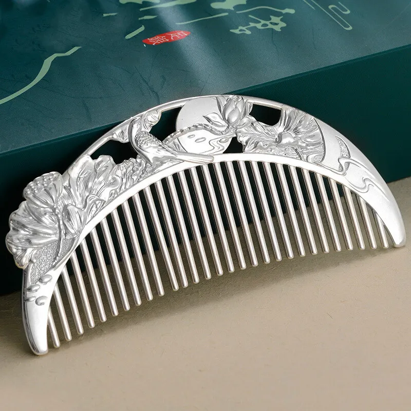 

Silver comb 999 sterling silver lotus pond moonlight handmade silver hair comb, Valentine's Day gift