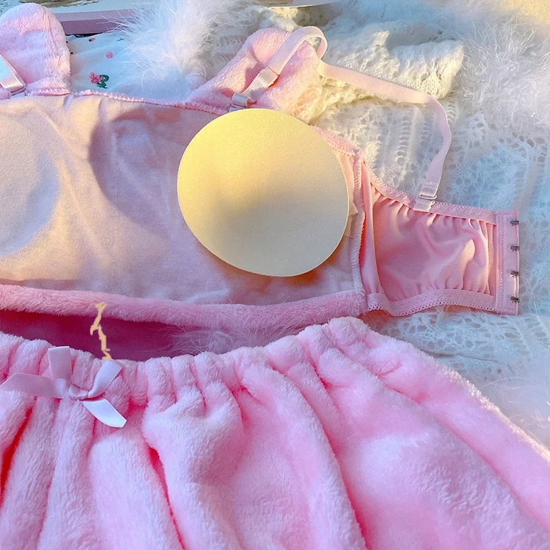 

SHZQ Yellow Pink Velvet Tube Top and Shorts Women's Underwear Set Anime Cute Long Ear Pajamas Cosplay Costume New