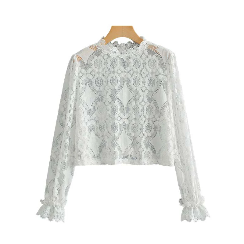 Рубашка из хлопка и льна прозрачные модные кружевные женские блузки 2019