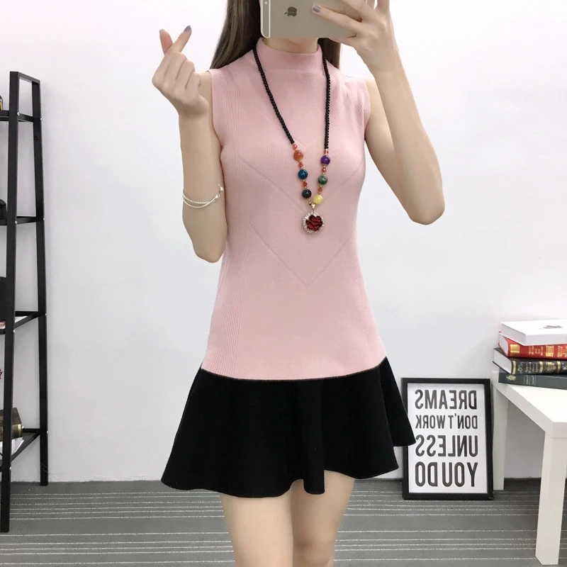 

Woman Turtleneck Sleeveless Vest Female Stretch Knit Shirt Lady Hedging Stretch Tank Women Solid Tops Girls Sweaters Girl Tees