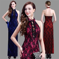 summer chinese traditional cheongsam dress women sexy lace halter neck backless evening party qipao dresses