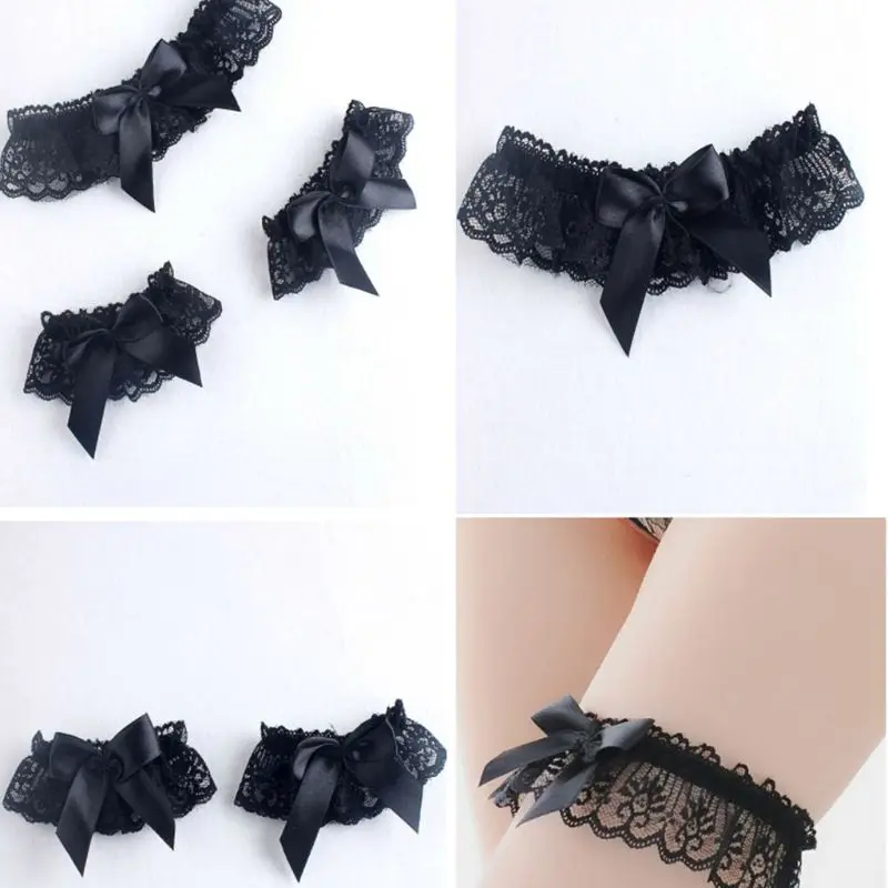 

652F Womens Wedding Bridal Hollow Out Floral Lace Wide Leg Ring Wrist Band Solid Color Bowknot Scalloped Elastic Thigh Garter