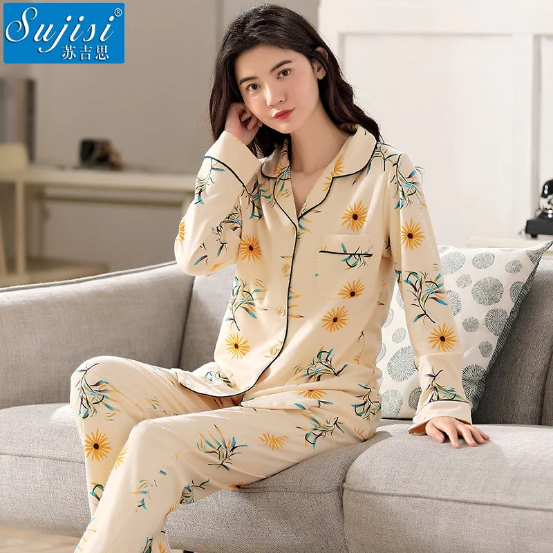 

Autumn Cotton Pajamas Women's Long-sleeved Cardigan Lapel Women's Plus Size Pajamas Suit Casual Small and Fresh Cotton Homewear