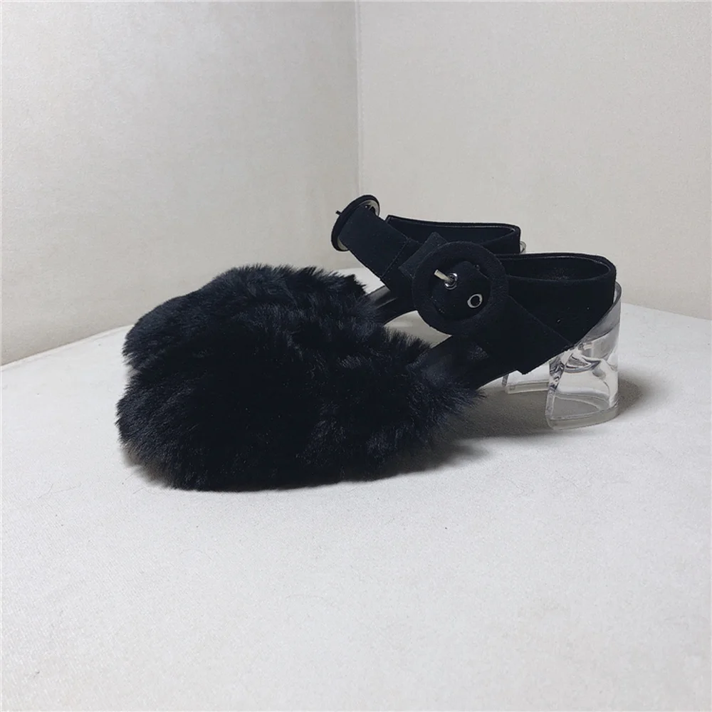 

Womens Round Toe Real Fur Furry Strange Clear Transparent Crystal Heel Belt Buckle Suede Leather Shoes Pumps Black New 2021