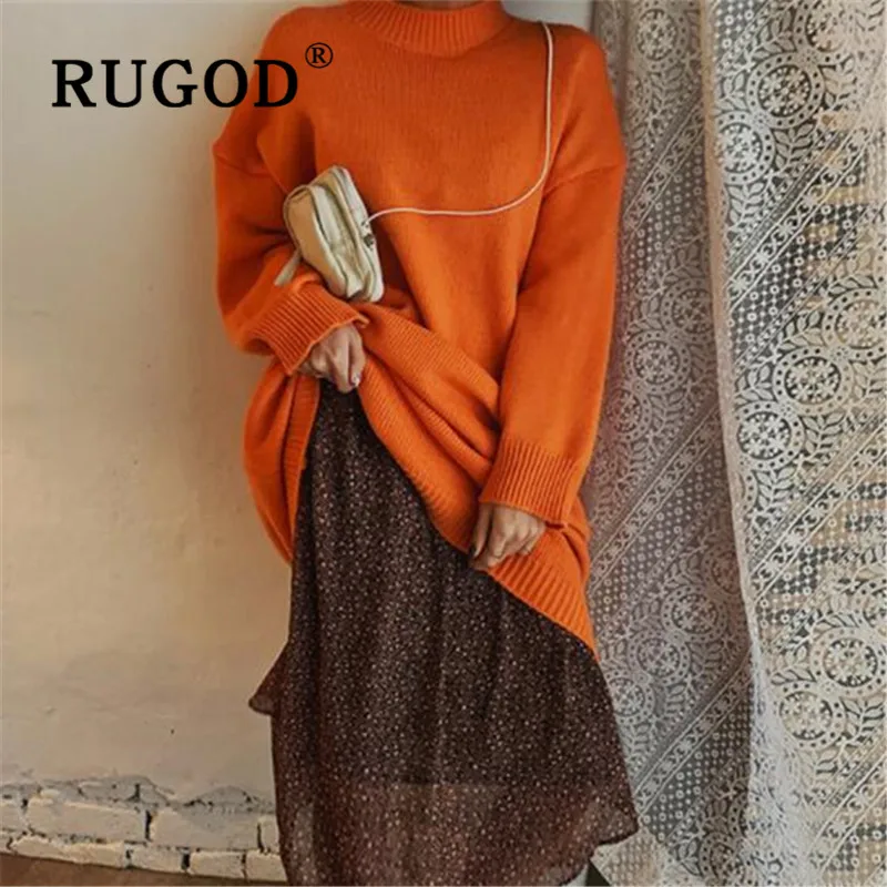 RUGOD корейское оранжевое платье свитер для женщин с О образным вырезом свободное плотное вязаное большого