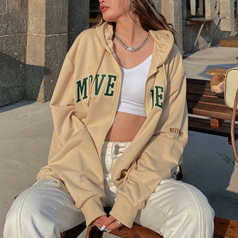 Кофта женская Свободная с капюшоном на молнии вышитыми буквами 2021 | Женская