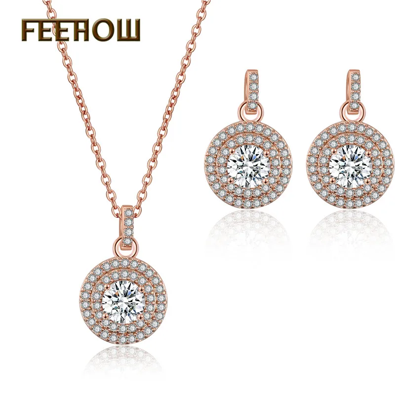 FEEHOW элегантные круглые Милые простые серьги с кубическим цирконием ожерелье
