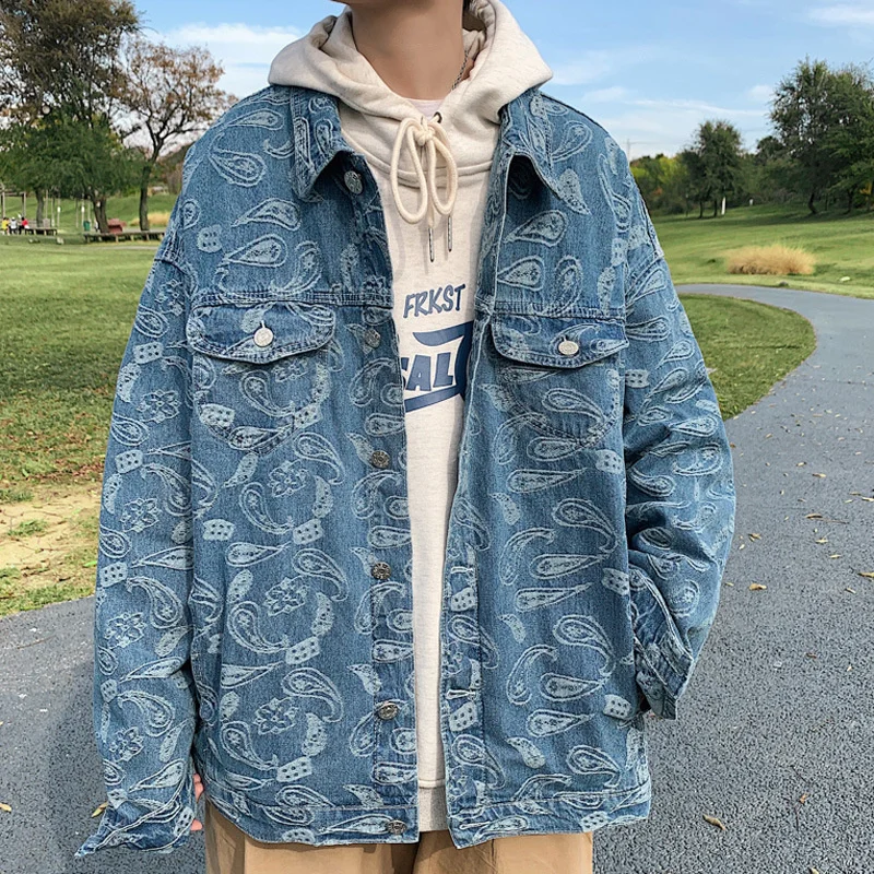 

Cashew flower denim coat men's spring and autumn coat chic Harajuku jacket fashion brand handsome work clothes