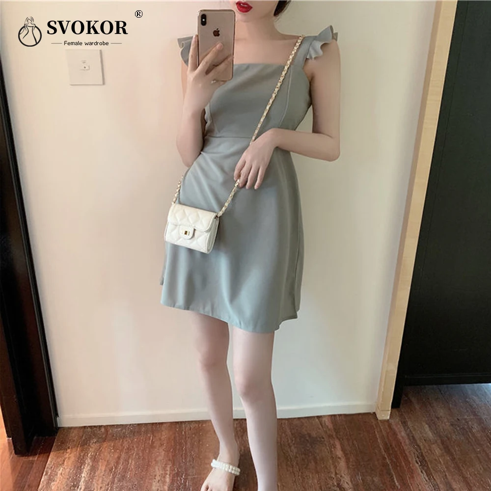 

SVOKOR Casual Dress Square Collar Butterfly Sleeve Mini Sweet Woman Backless High Waist Loose Sexy Solid Dress 2021 New Summer