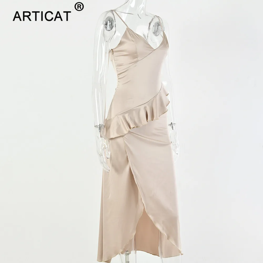 Articat, асимметричное, с оборками, сексуальное, сатиновое платье, женское, элегантное, на тонких бретелях, с разрезом, облегающее, рождественское платье, для девушек, длинное, вечерние, платье