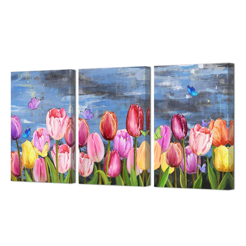 

3 Panels Home Decor Poster Tulip and Butterfly Canvas Wall Art Painting Modern Style Living Room Decoration Wall Decor Picture