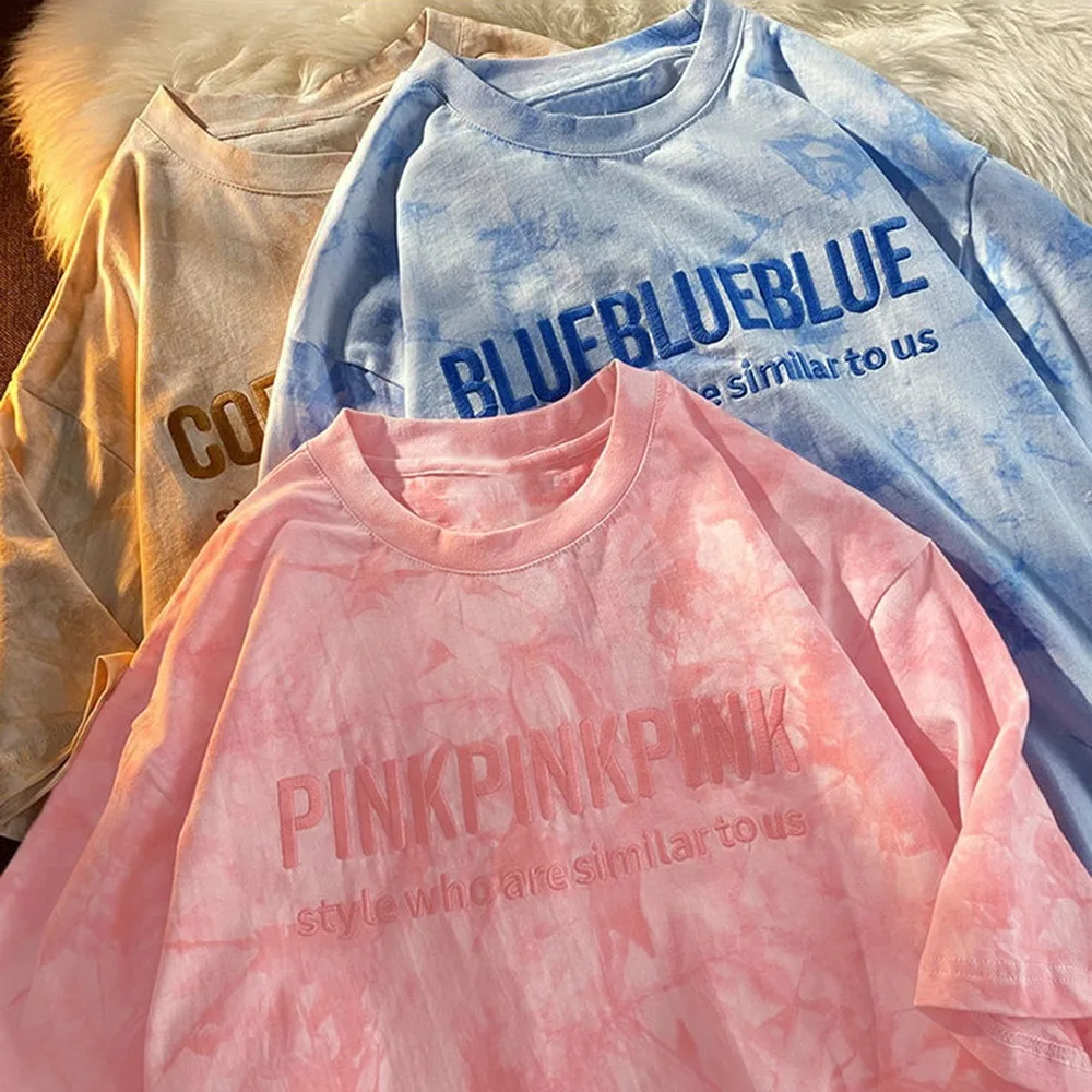 

FAKUNTN WomenShort Sleeve Oversized Tie Dye Letter Embroidery Hip Hop Loose Korean Style All Match Students Simple Chic sweet