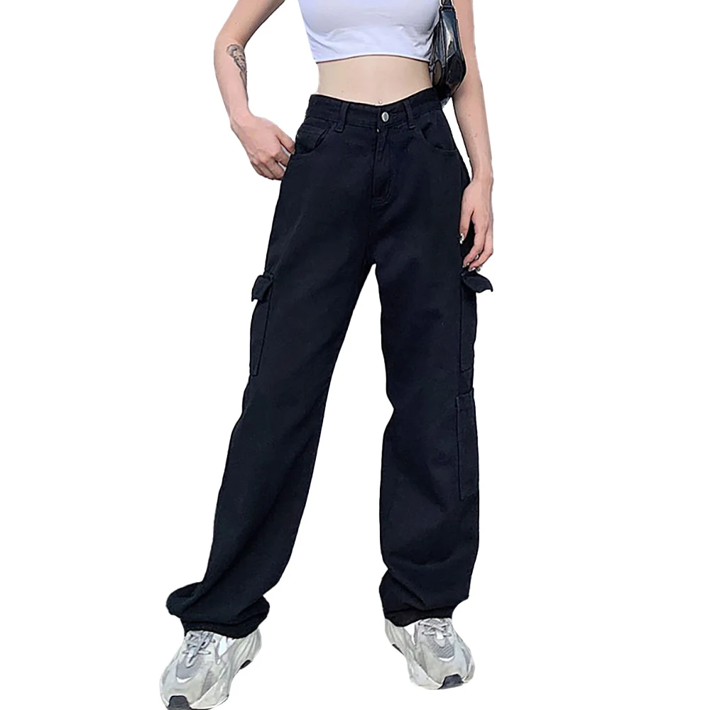 

Women Solid Color Casual Multi-pocket Trouser Classic Pockets Button Loose Jean Winter Ladies Female Long Pant High Waist Pants