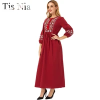 ladies retro floral embroidered dress elegant three quarter sleeve dress autumn bohemian loose waist pleated dress xl red