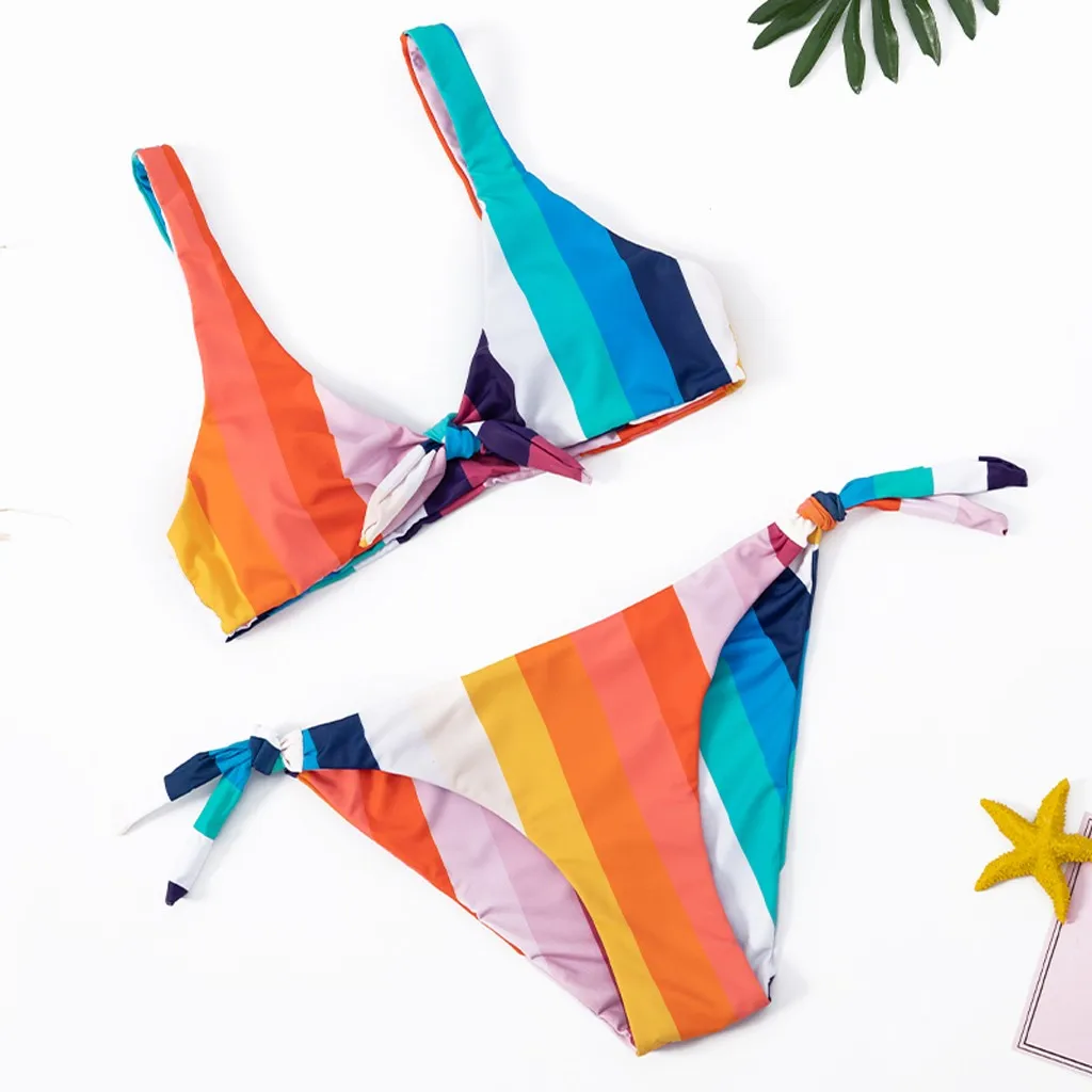 Купальник женский купальный костюм бикини 2020 Радужное Полосатое облегающее с