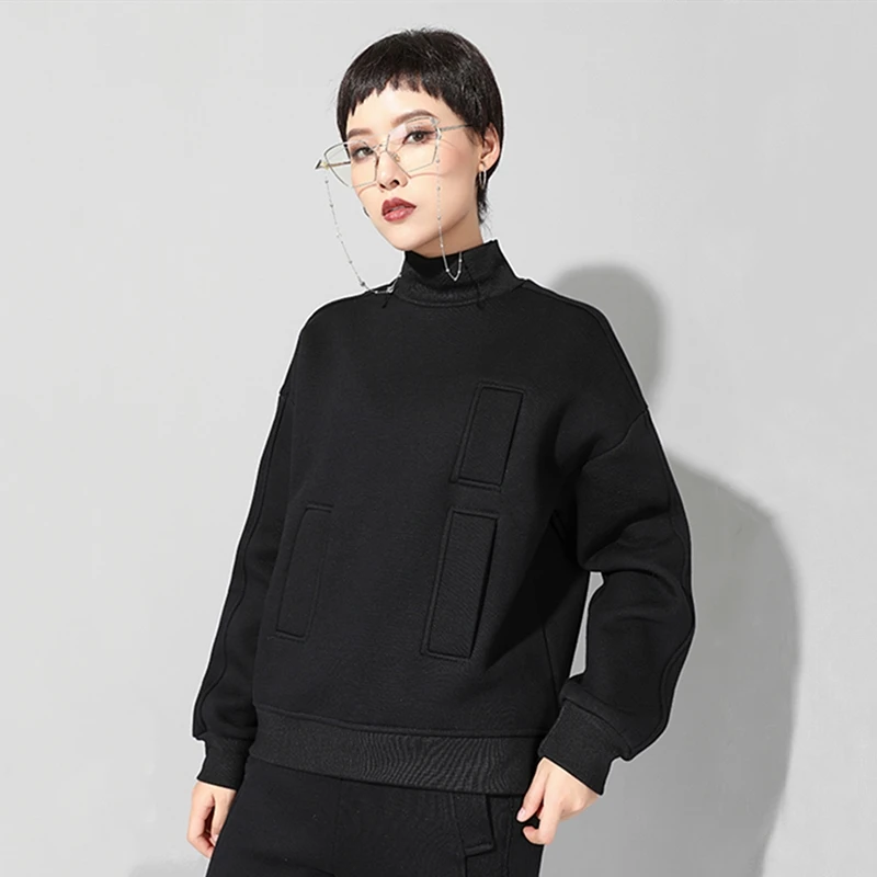 Женская водолазка с длинным рукавом черная Свободная Повседневная футболка