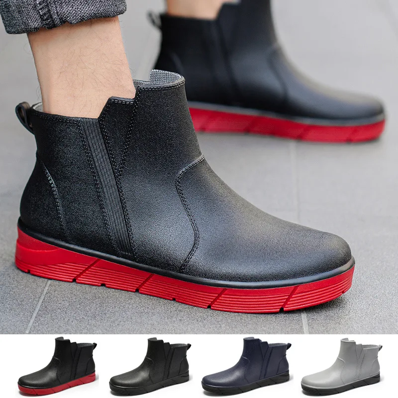 

New Fashion Rain Shoes Mens Slip-on Rubber Rain Boots Autumn Outdoor Waterproof Work Short Booties for Men Galoshes Ankle Boots