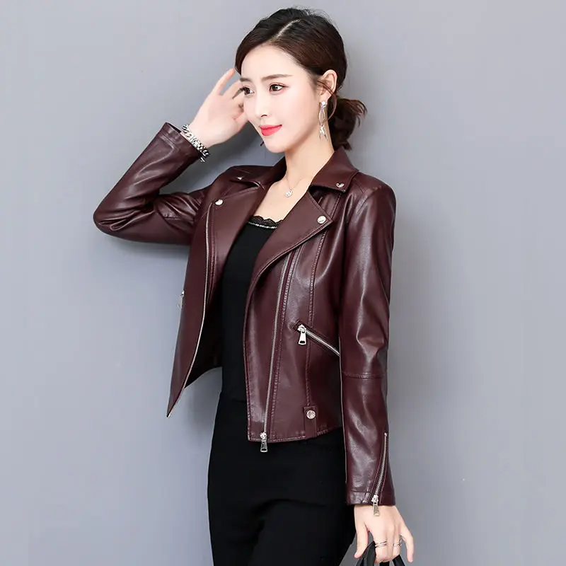 Autumn Women Short Faux Leather Jacket Fashion Slim Soft Pu Motorcycle Leather Coat for Female Casual Long Sleeve Outwear X594